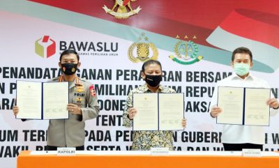 Jelang Pilkada Serentak 2020, Kapolri dan Jaksa Agung RI Tandatangani Peraturan Bersama Ketua Bawaslu RI